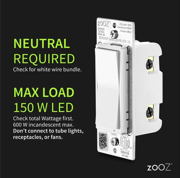 ZZOOZ 800 SERIES Z-WAVE LONG RANGE S2 ON / OFF WALL SWITCH